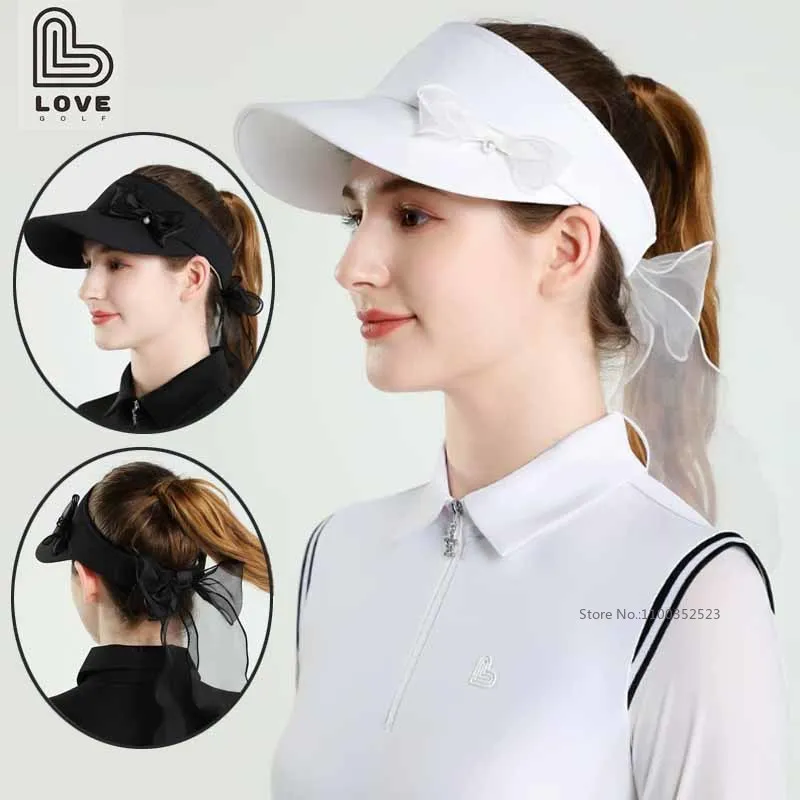 

Love Golf Empty Cap Women Sunshade UV Protection Sun Visor Sports Caps Girls Tennis Running Hiking Hat with Bow Ribbon