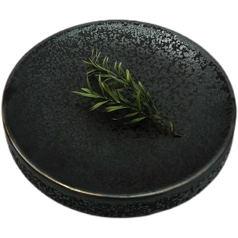 Creative Round Double Layered Plate Ceramic Black Dim Sum Plate Sushi Dish Sashimi Plate Molecular Cuisine Specialty Tableware
