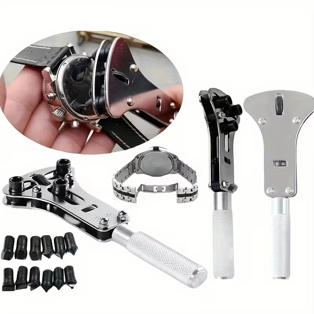 Three Claw Watch Opener, Adjustable Screw Back Remover, Rear Open-End Wrench Key Box Mobile Bracket, With 18 Replaceable Parts image 2