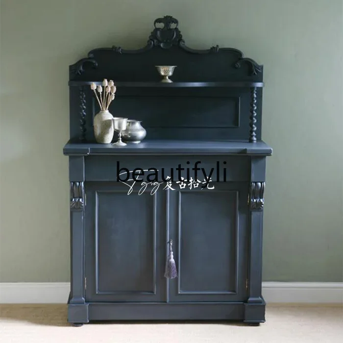 

D80 Vintage American retro solid wood porch French engraved blue storage side cabinet