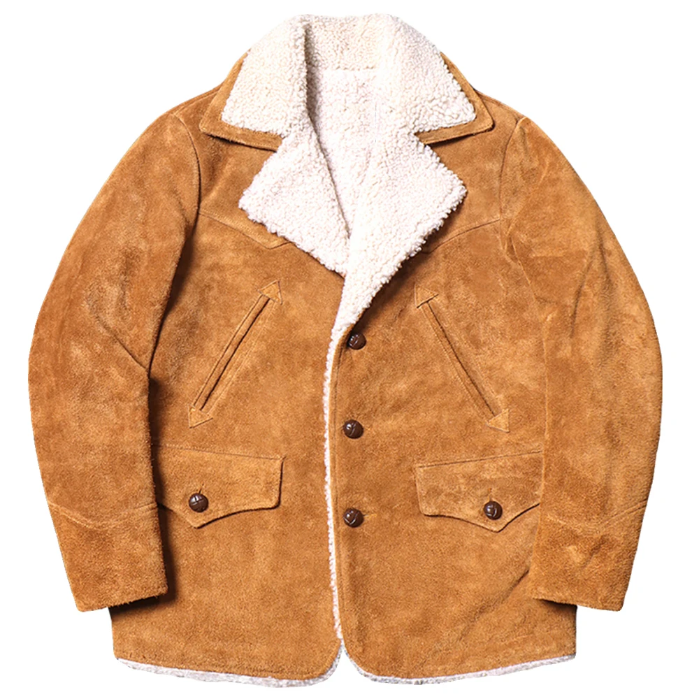 

Thick Warm Cow Suede Farmer Coat Sheep Fur Lined Mens Jacket Genuine Leather Velvet Winter Topcoat Wool Trench Coat Windbreaker