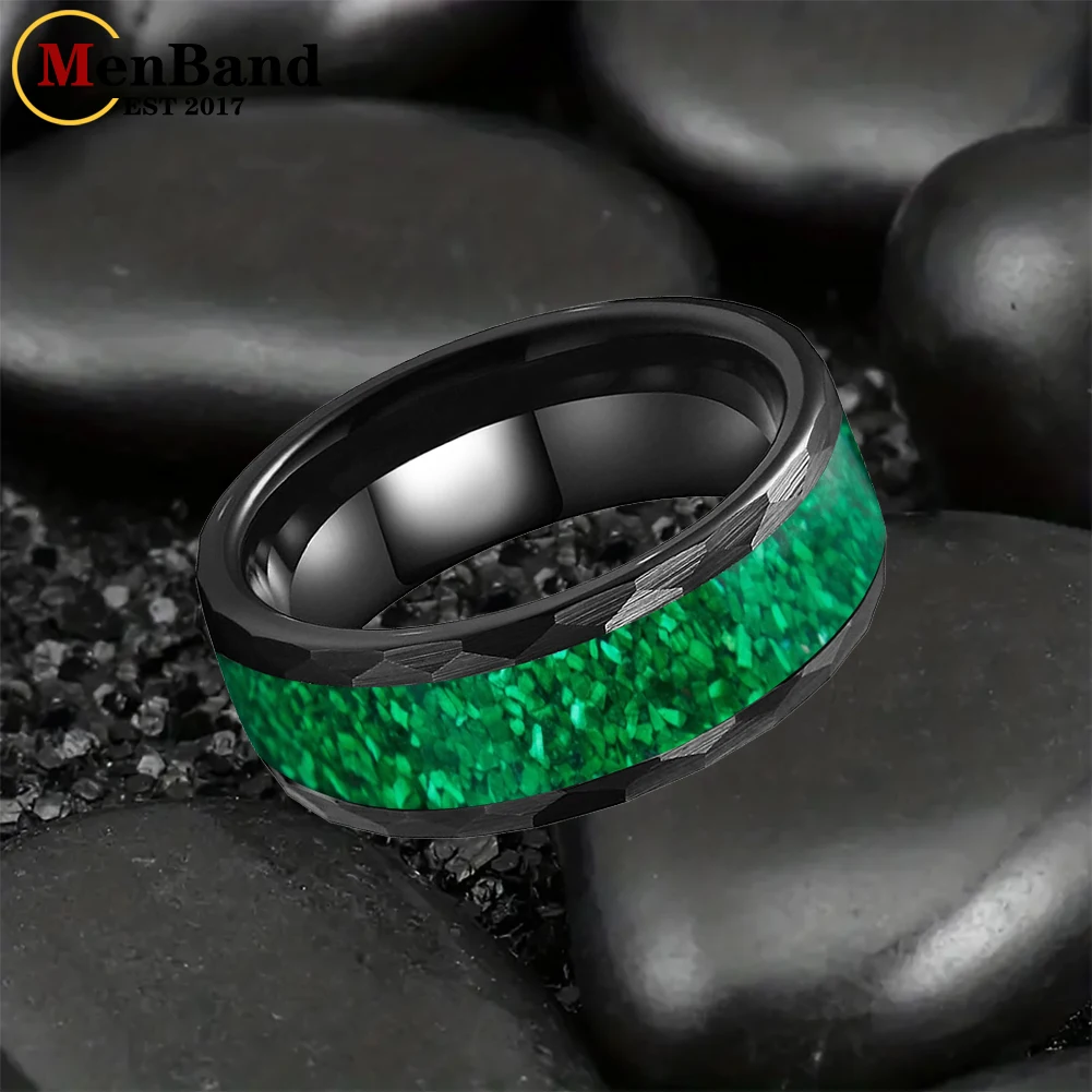 MenBand 8 مللي متر الأسود مطروق الأخضر أوبال البطانة التنغستن خواتم الزفاف العصابات الذكرى مان خاتم رجالي هدايا محفورة مجانية