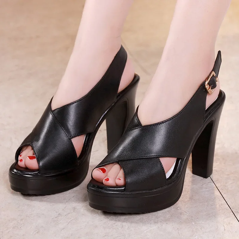 

10cm Plus Size 33-43 Slingback Thick Bottom Platform Shoes Summer 2025 Soft Leather Sandals Woman Block High Heels for Office