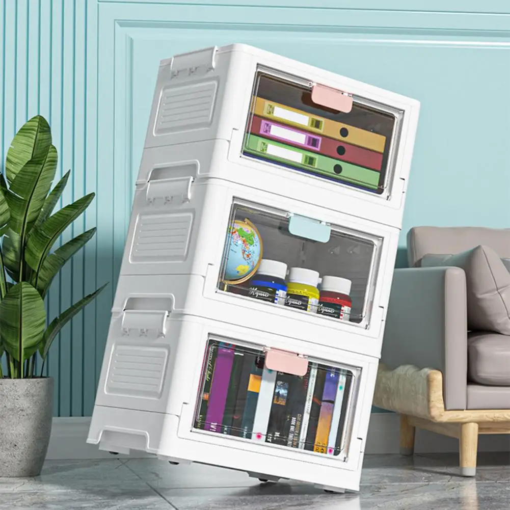 Transparent Foldable 4 Caster Wheels Front Flip Lid Stackable Kids Toys Organizer Desktop Plastic Container Book Storage Boxes