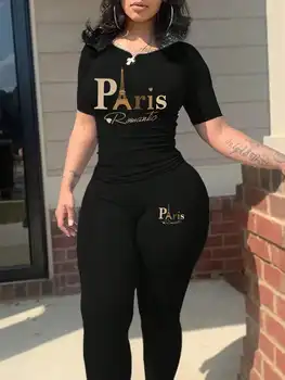 Haven  Paris printed two-piece set, casual short sleeved round neck T-shirt and tight pants long pants set - Image 3