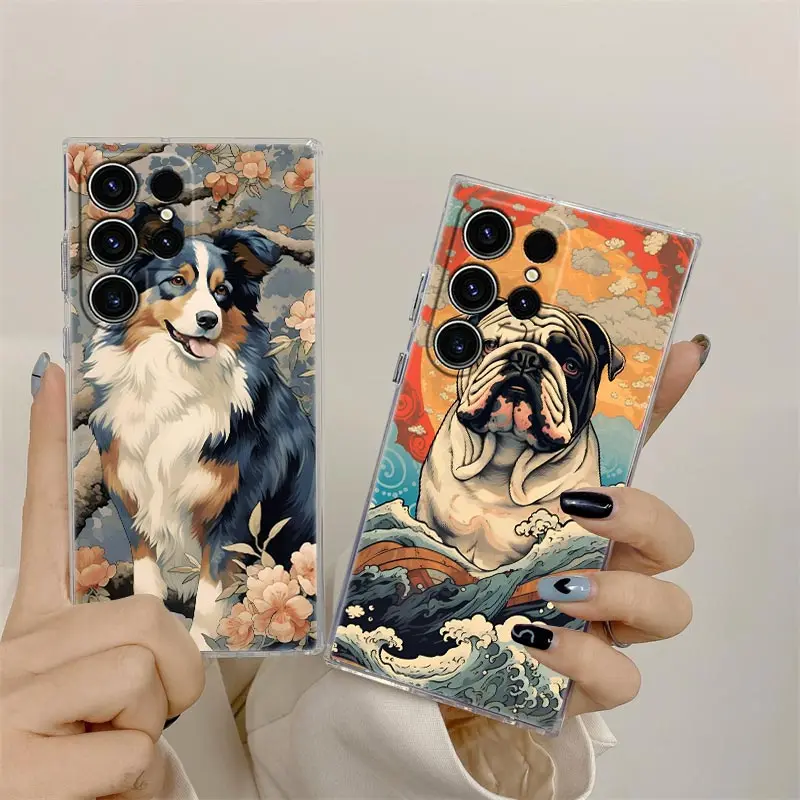 Dog Shepherd Bulldog Ukiyo-E Style Phone Case For Samsung S24 S23 Ultra 5G S22 S20 S10 Plus S21 FE Clear Cover Galaxy S24 Fundas