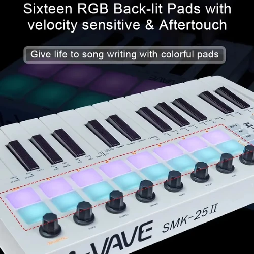 Imagen 1 del producto Teclado Controlador MIDI M-VAVE SMK-25 II/25 Teclas Semi-Contrapesadas/16 Pads de Percusión RGB Viene con 25 Teclas/para Producción Musical y Software