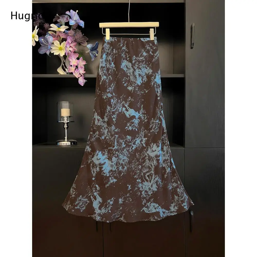 Wrinkle Resistant Satin Women Mermaid Long Skirt High Waist Brown Blue Deer Rabbit Print Elegant Daily Wear Maxi Skiert
