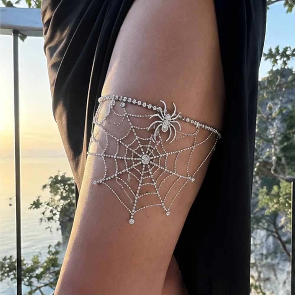 Rhinestone Spider Web Thigh Chain Crystal Gothic Leg Garter Adjustable Body Jewelry for Women Halloween Party Festival Costume