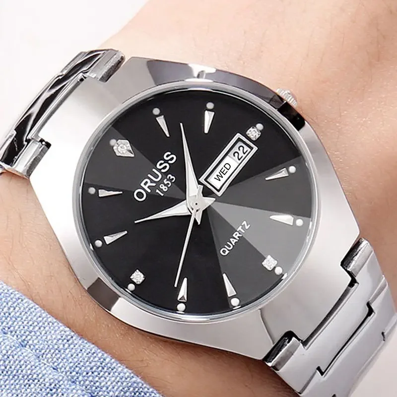 ORUSS Fashion Couple Watch Casual Women Men Quartz Waterproof Watch Ladies Stainless Date Week Men Clock Lover's Date Gift Watch