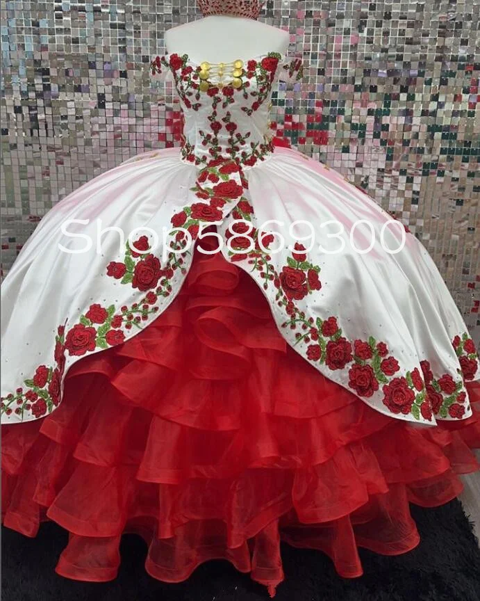 Vestidos quinceanera bordados de rosas vermelhas mexicanas com laço espartilho personalizado charro baile de formatura aniversário doce 15 vestido