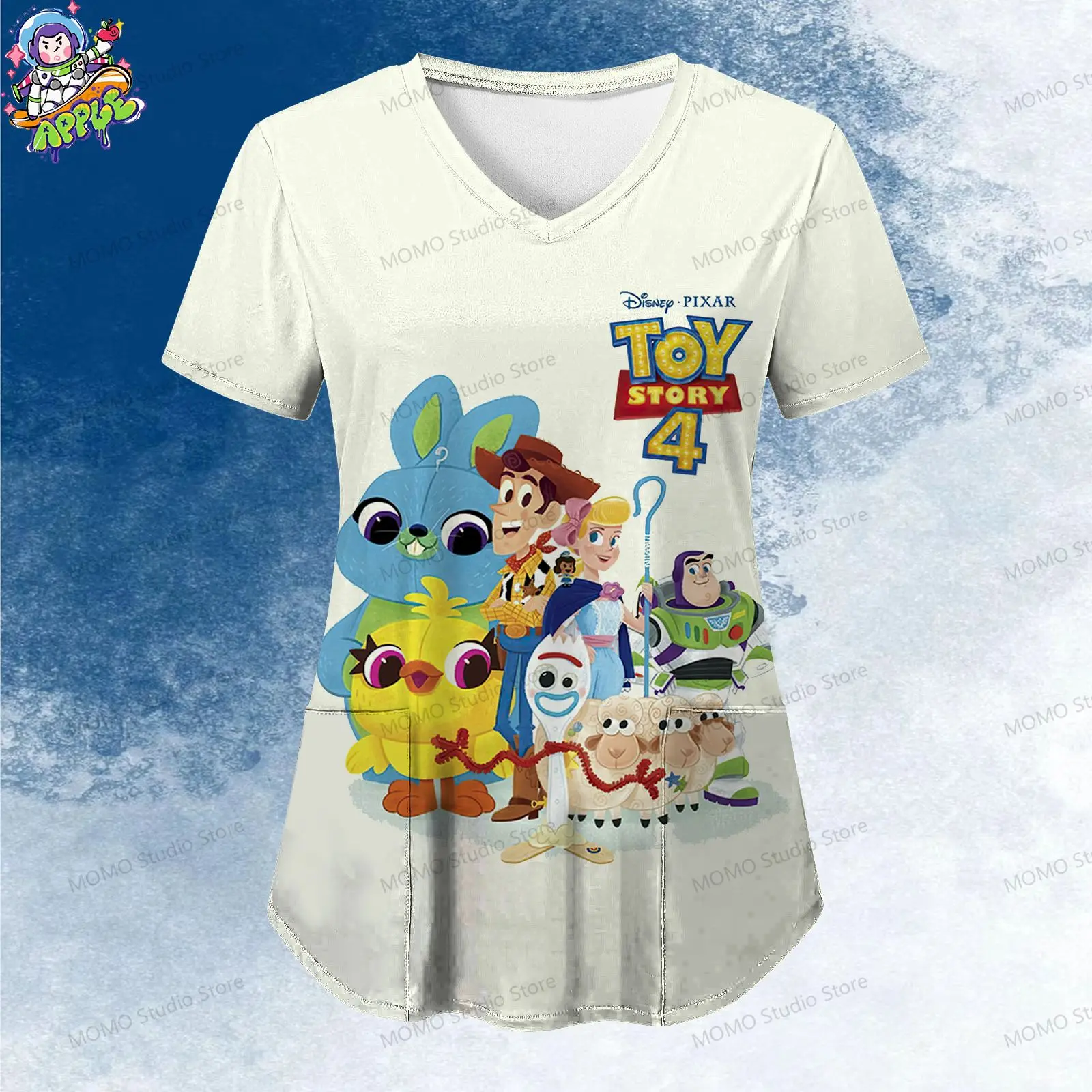 Women's V Neck Nurse Uniform T-Shirt Pocket Disney Toy Story Short Sleeve Tee Kawaii S-2XL Leisure Y2k Woman Clothing Summer