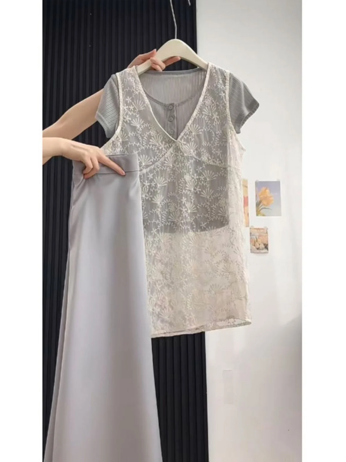 

Unique Beautiful Lace Cover up Short Sleeve T Shirt Half Skirt Three Piece Set Elegant Whole Outfit Cotton Comfortable Casual
