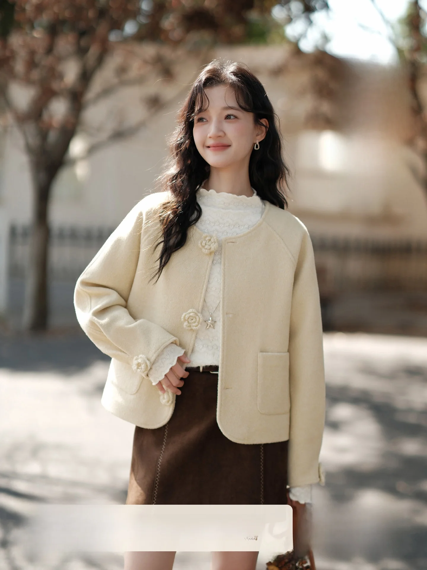 

Wooden Easy ort Cotton Blend Woolen Coat Women's Faion Sle Sweet Aosphere Winter Outerwear Korean Version Straight Tube