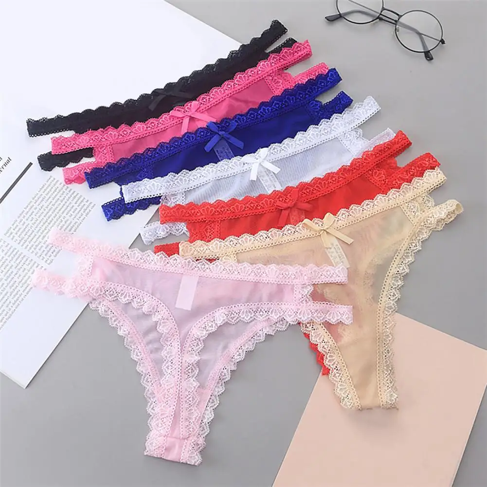 

Women Lingerie G String Lace Underwear Bowknot Decor See-through Mesh Thong Low-rise Ultra-thin Low-Waist Transparent Knickers