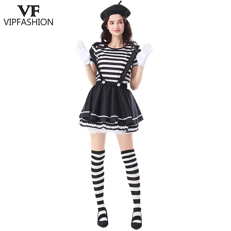 

Women French Mime Costume Black White Striped Pantomime Clown Strap Tutu Skirt Carnival Halloween Circus Fun Performence Outfit