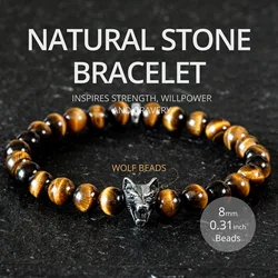 Natural Stone Tiger Eye Beaded Bracelet Wolf Head Gandcrafted Vacation Accessories Daily Wear Best Friend Gifts For Men Women