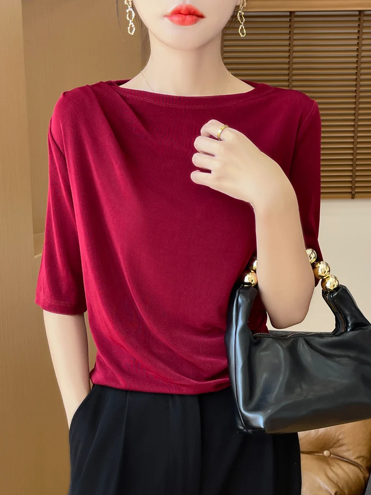 

Summer new women's sweater short-sleeved solid color fashion knitted merino sweater short-sleeved O-neck pleated T-shirt