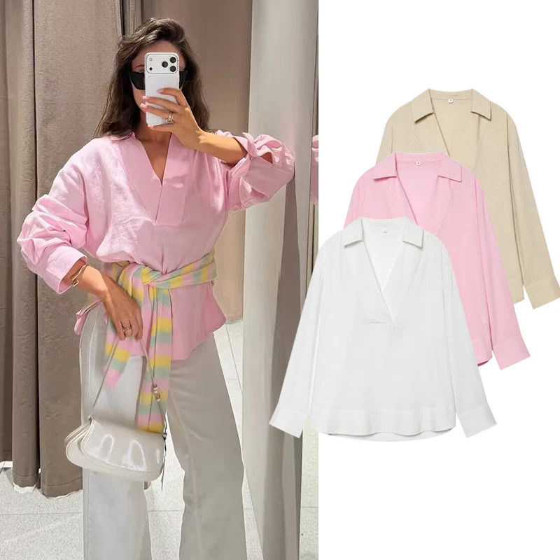 Autumn New Women's Shirts 2026 Fashion Loose V-neck Pullover Blouses Women's Chic Street Comfortable Elegant Youth Holiday Shirt
