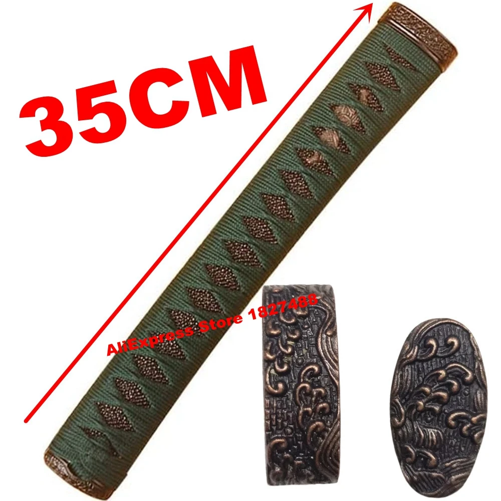 ﻿ 35CM Lengthen Tsuka Green Ito Wood Handle Alloy Sea Wave Menuki Fuchi Kashira For Japanese Sword Samurai Katana DIY Accessory