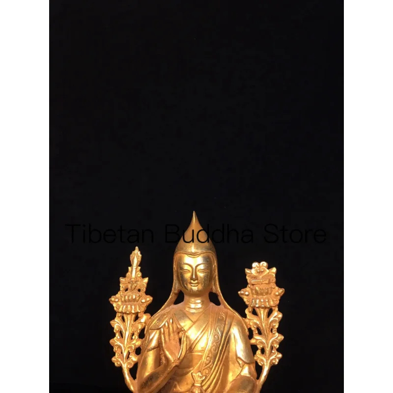 23cm Nepor Tibetan Old Bronze Buddha Bronze Plated Gold Zongkhapa Buddha Statue Ornament