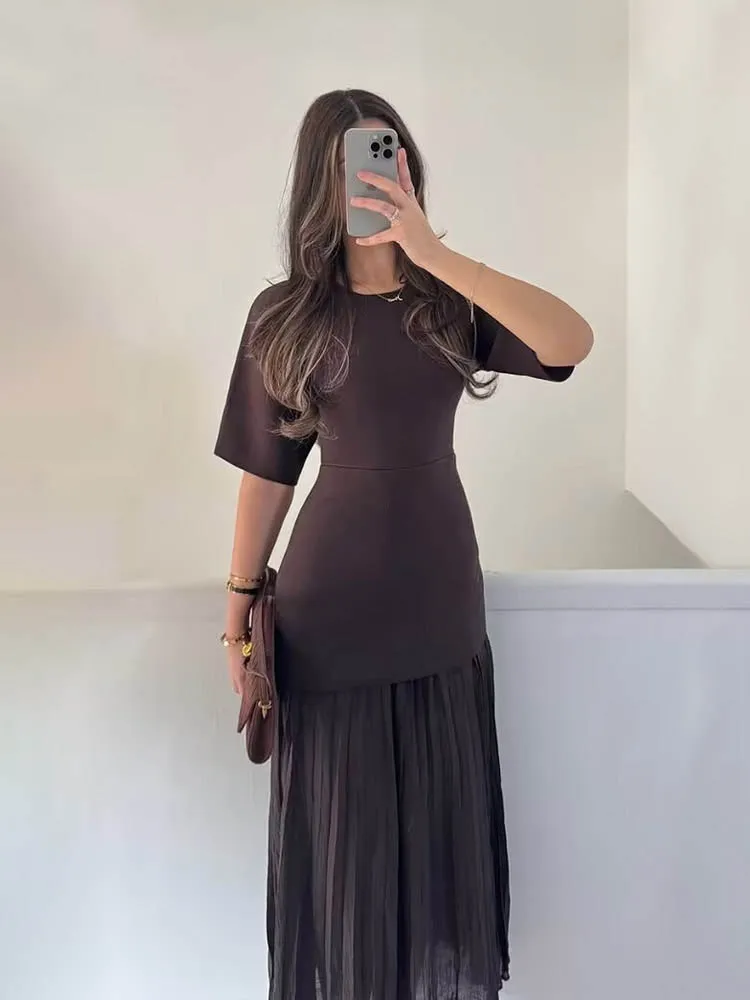 HH Women Elegant Half Sleeves O-Collar Pleated Dress Spring Woman Rear Zipper Splicing Vintage Casual Knitted Long Dress image 6