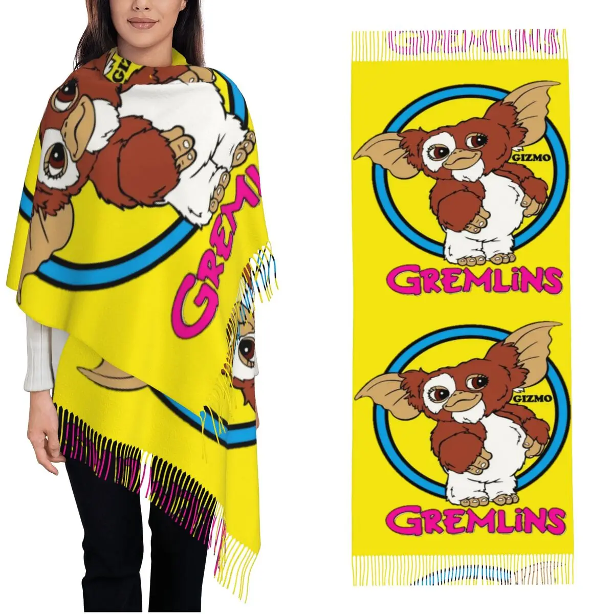 

Vintage Gremlins Gizmo Mogwai Shawl Wraps for Womens Winter Long Soft Scarf Horror Pashminas Tassel Scarves