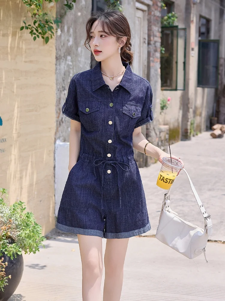 La Chapelle zomer nieuwe dames dunne denim eendelig pak hoge taille rechte pijpen katoenmix busin casual overall jumpsuit