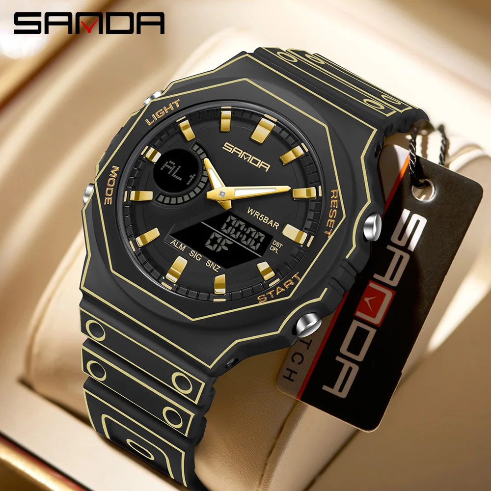 SANDA 6508 Fashion Electronic Watches for Man Multifunctional Luminous Stopwatch Alarm Clock Dual Display Men Digital Wristwatch