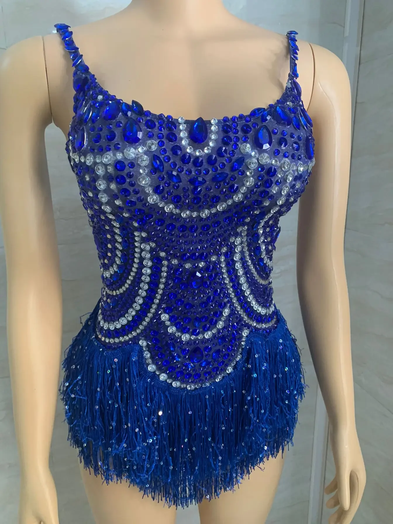 Body con flecos y diamantes de imitación azules para mujer, traje Sexy de baile Gogo, ropa de Pole Dance, Bar, club nocturno, Dj, Ds, Rave