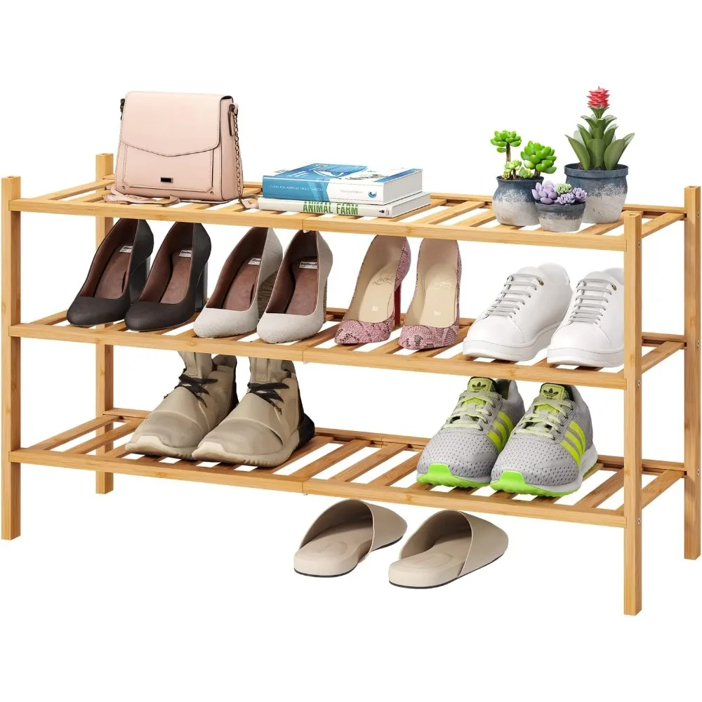 

3-Tier Long Shoe Rack, Bamboo Wood Shoe Rack for Closet, Entryway & Hallway, Stackable Beautiful Functional Sturdy