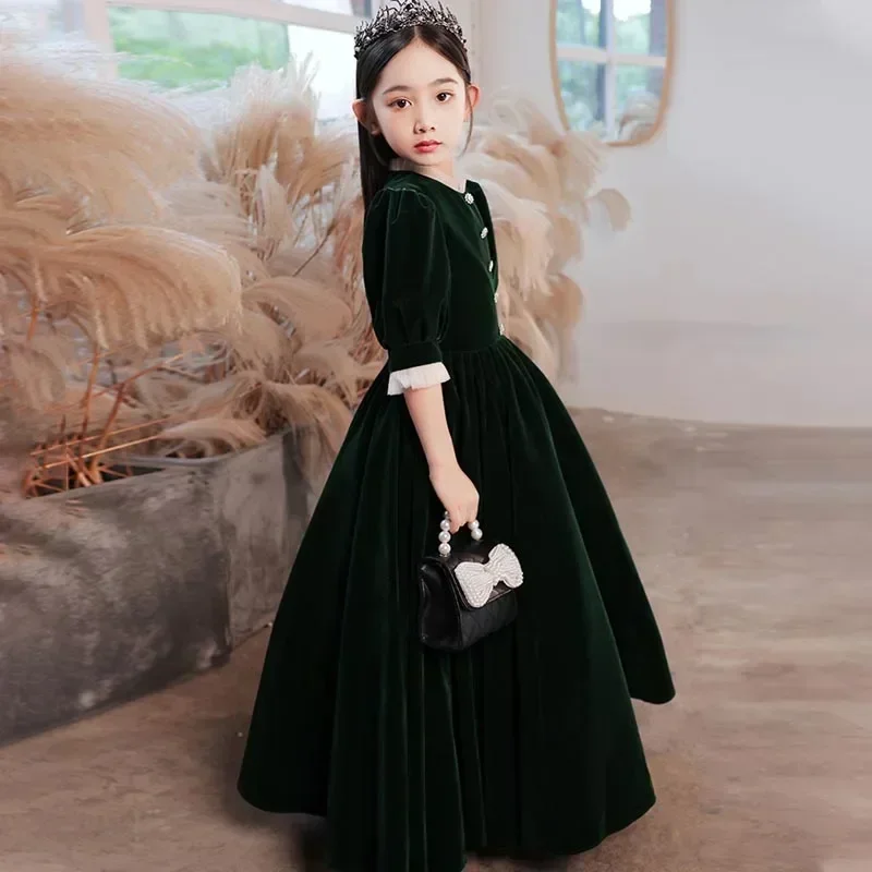 

Quality Diana Flower Girl Dress Velvet Modest Black Flannel High Collar 3/4 Sleeves Button A-line Floor-Length Communion Gowns