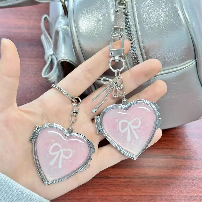 Y2K Trendy Heart Folding Mirror Keychain Sweet Cool Metal Keyring Makeup Mini Mirror Fashion Bag Pendant Girly Gifts