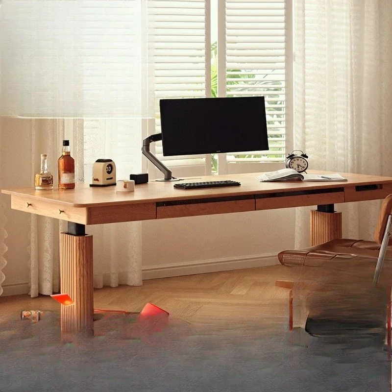 All solid wood electric lifting desk, computer desk, cherry wood workbench with drawers, study table