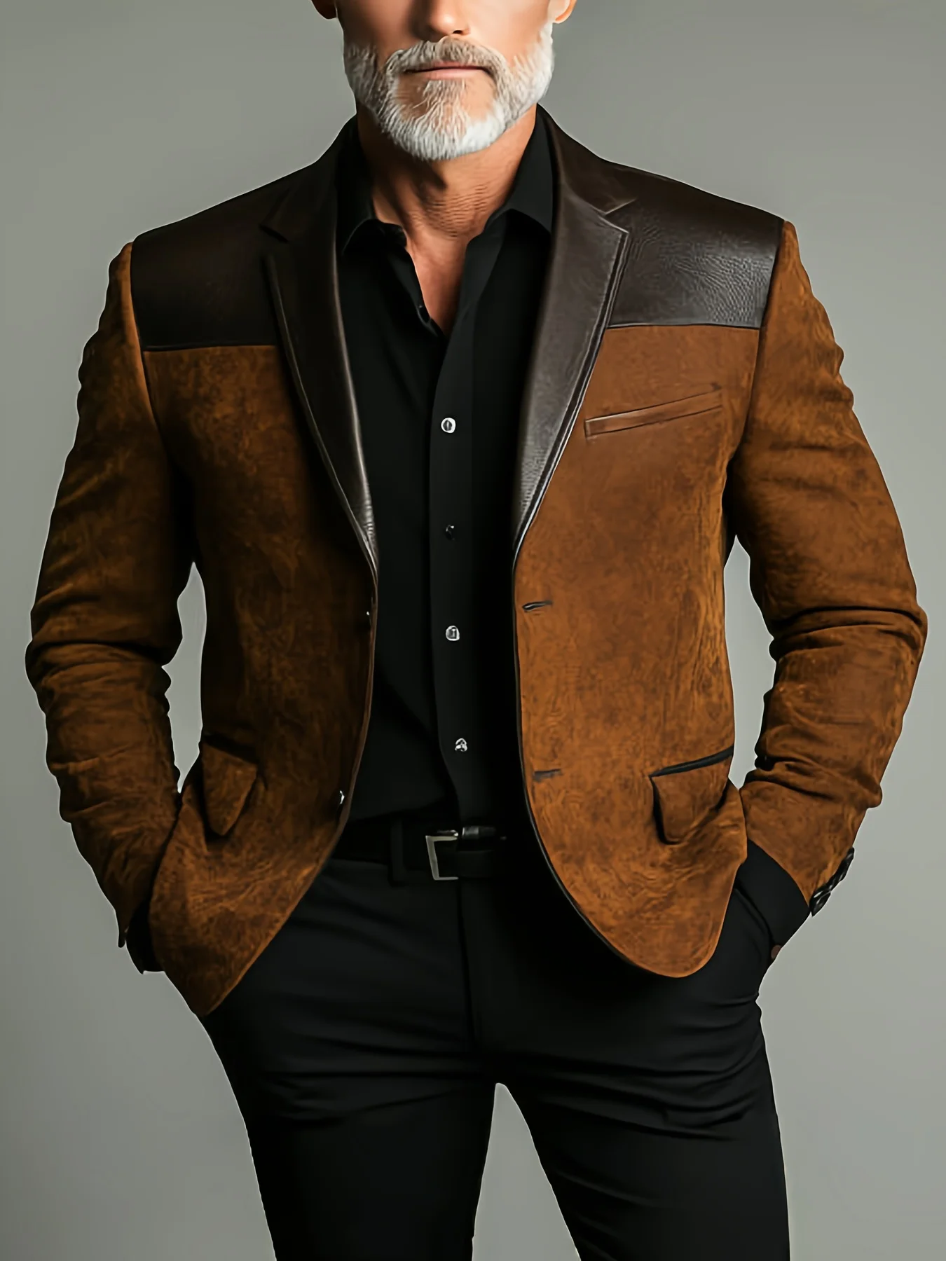 

Mens Designer Suit Blazer PU Leather Splicing Notched Lapel Tuxedo Style Peaked Breasted Groom Business Party