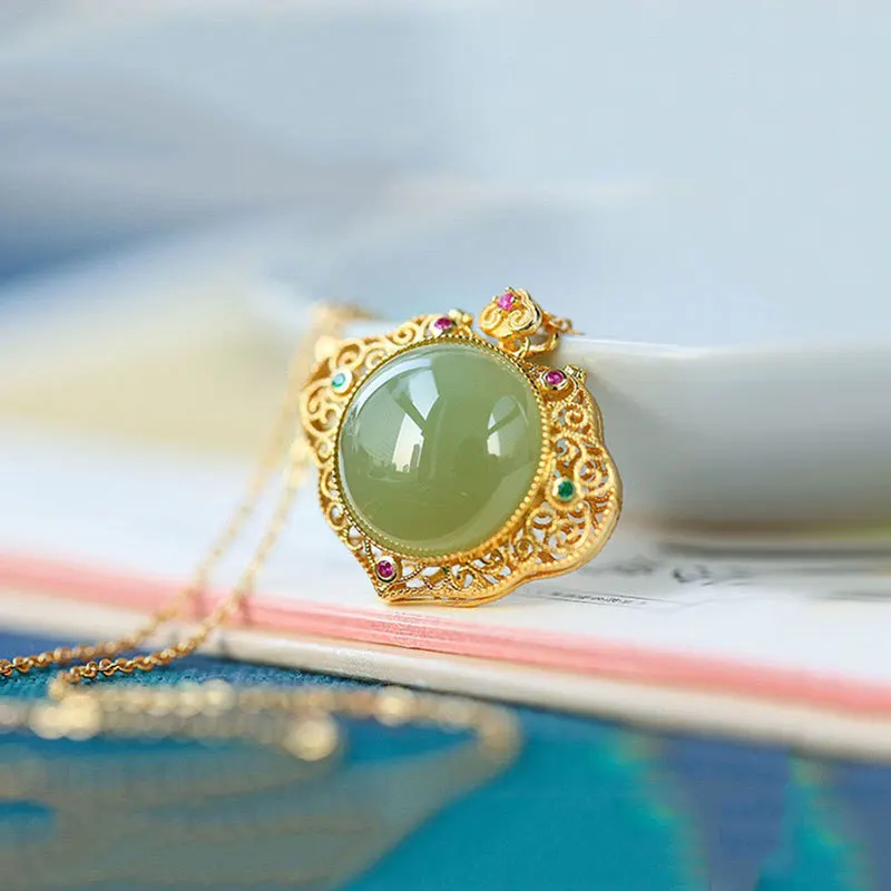 Natural Hetian jasper crystal double-sided pendant palace style hollow can open the Gawu box necklace ancient silver jewelry image 2