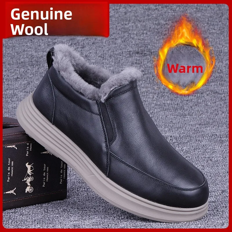 

Warm Wool Cotton Winter Boots Men's High Top Snow Boots Thiened Leather oes Casual round Toe Rubber Outsole Winter oes