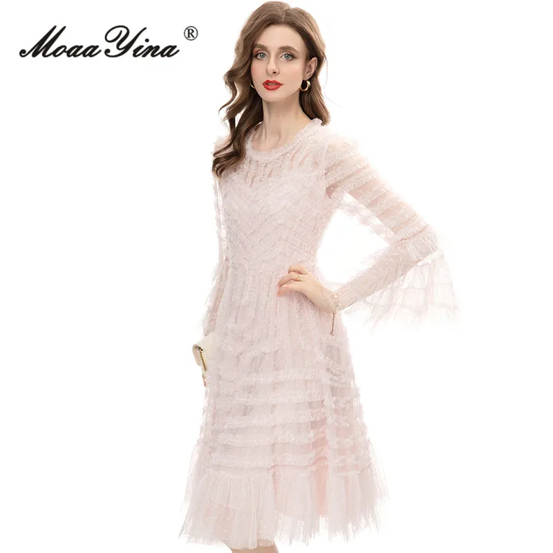 MoaaYina Autumn Fashion Designer Pink Vintage Mesh Dress Women's O Neck Long Sleeve Ruffles High Waist Slim A-LINE Long Dress