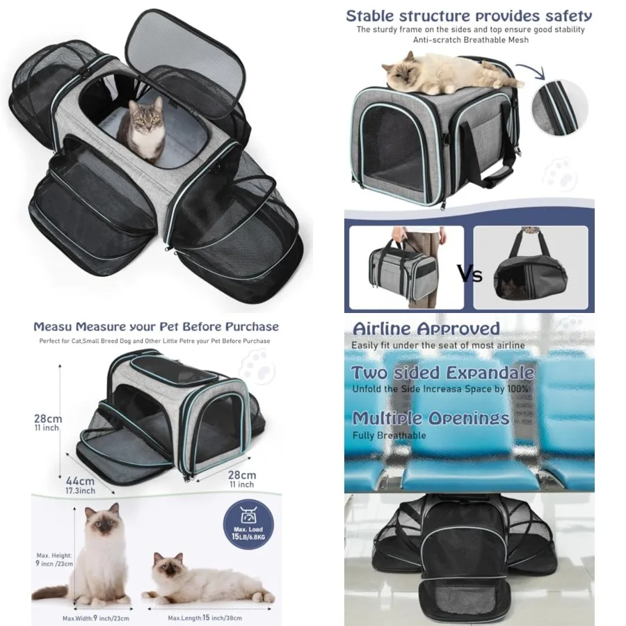 

Cat Carrier, 4 Sided Expandable Pet Carrier for Travel, Collapsible Soft-Sided Carriers with Removable Fleece Pad and Shoulder