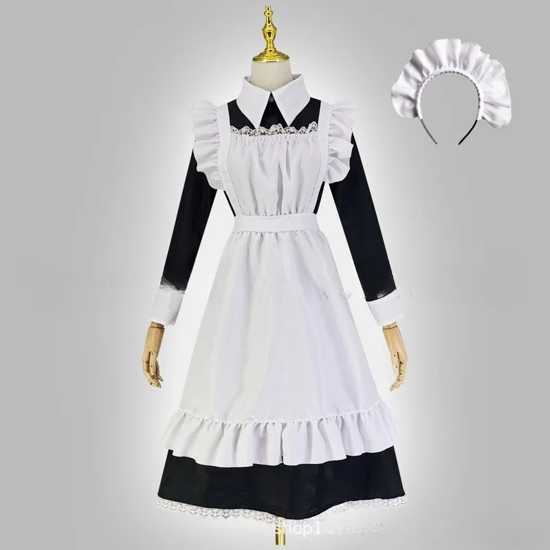 Anime Maid Cosplay Costume Black White Lolita Long Dress Apron Outfit Plus Size Women Role Play Halloween Carnival Fancy Dress