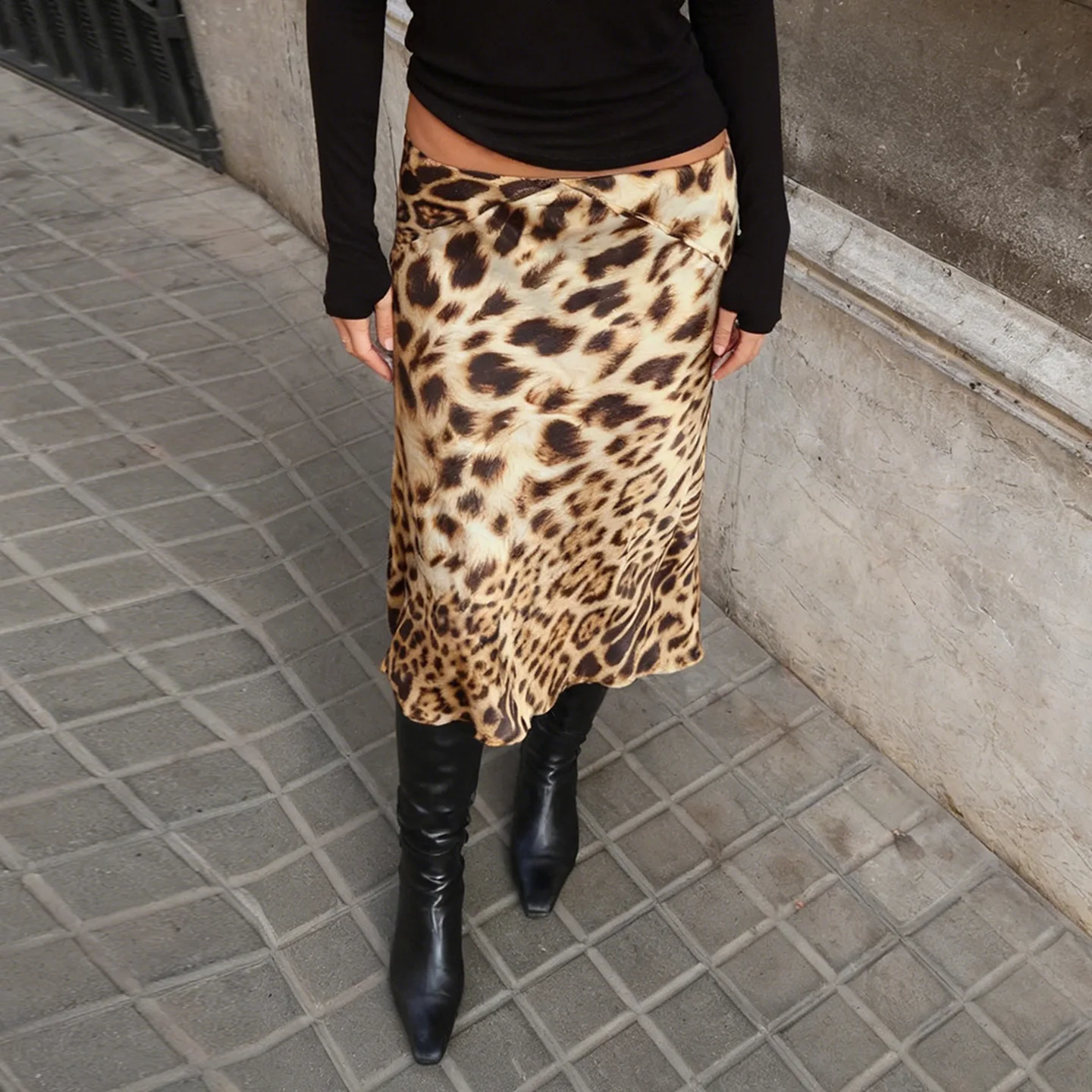 Leopard Print Midi Skirt-Vintage Low Waist Wrap Detail Chic Silhouette Flattering Fit Y2K Retro Edgy Streetwear Daily Outfit