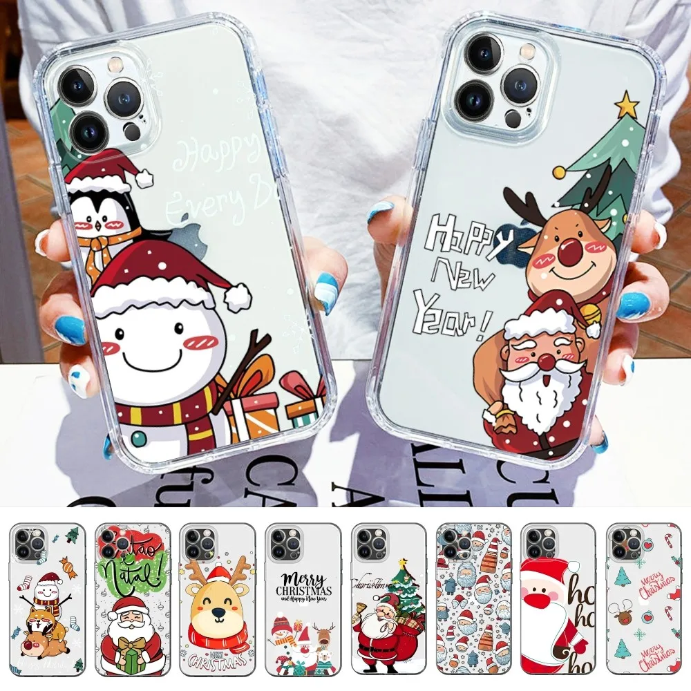 Christmas Cartoon New Year Gift Phone Case For iPhone 14 13 12 11 Pro Max Mini X Xs XR 6 7 8 Plus SE 2020 Transparent Case