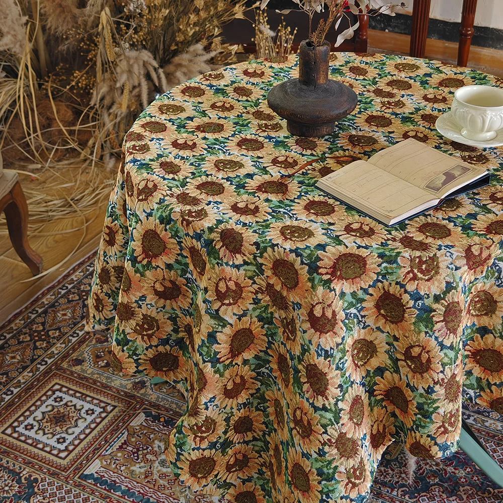 1 PC American Countryside Style Sunflower Round Table Tablecloth, Decorated With Retro Polyester Fiber Rectangular Thick Dust-Pr