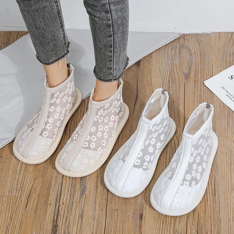 

Women's Fashion Boots 2026 Summer Fashion Casual Round Head Baotou Thin Bottom Mesh Printing Zipper Summer Cool Boots