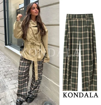KONDALA Trendy Casual Plaid Pants Women High Street Chic Long Pants 2026 Spring Fashion Elegant Commute Vintage Female Trousers
