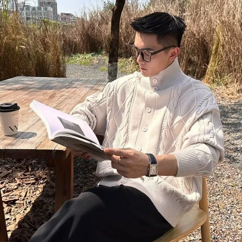 Engrossado masculino 2025 novo botão aw cabo malha cardigan coreano solto ajuste todos os jogos cor sólida casual sair volta camisola outerwear