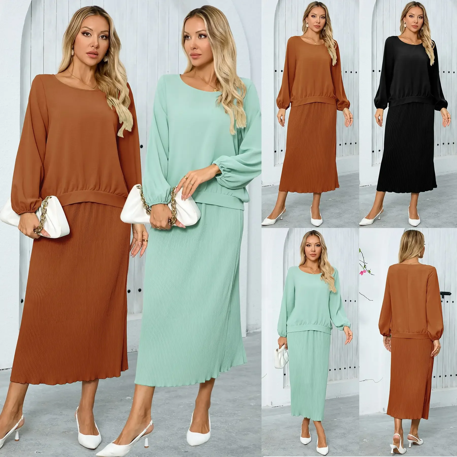 2 Piece Set Muslim Women Round Collar Top Long Skirt Suit Morocco Dubai Arabic Elegant Skirts Outfits Casual Femme Ensemble