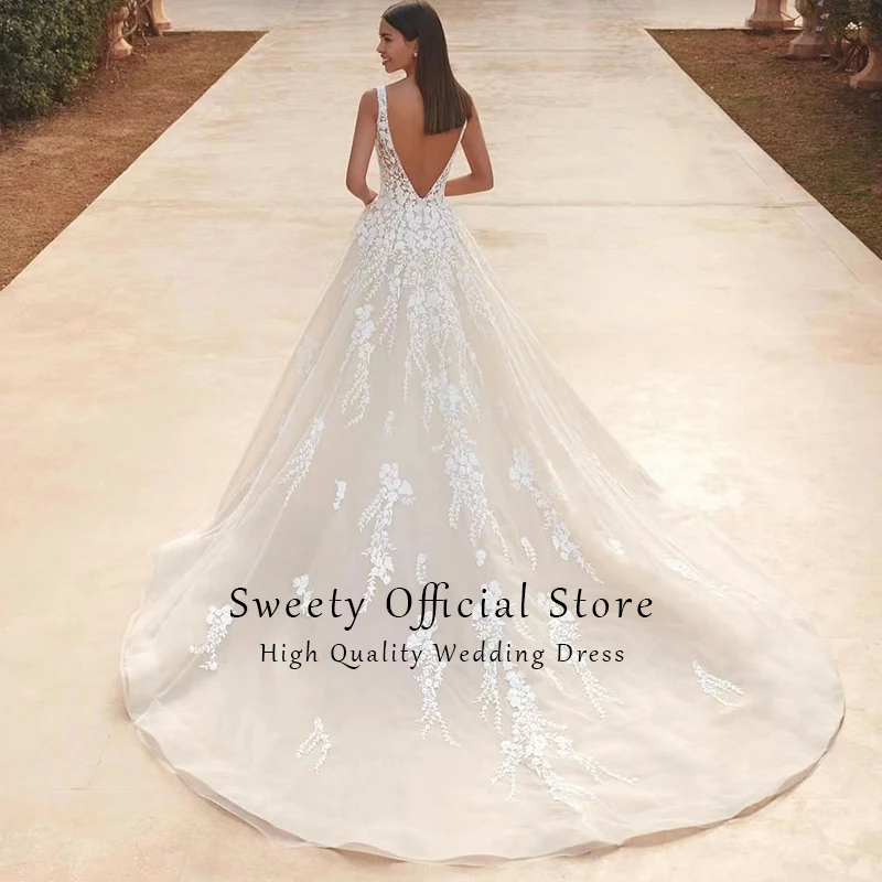 Grazioso abito da sposa in organza con ricamo A-Line Beach Ballgown Boatneck senza maniche sposa cerniera Robe De Mariee personalizzato