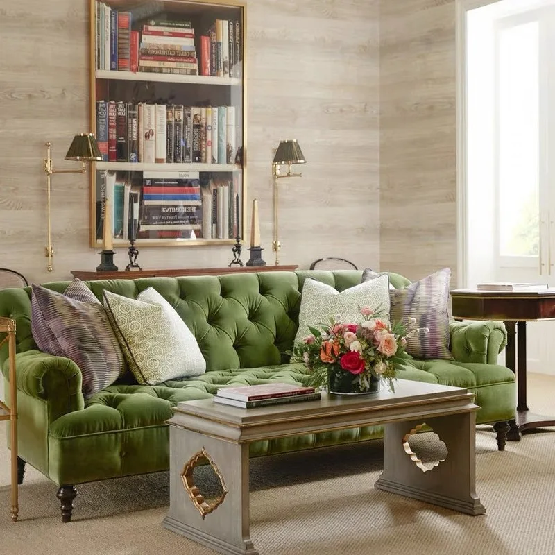 

French retro olive green solid wood living room sofa American small apartment fabric buckle high back single double three sofas