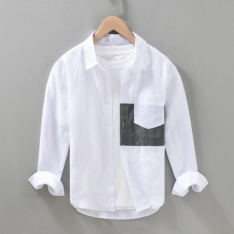 

Pure Linen Men's Long Sleeve Shirt Casual Contrast Color Splicing Cotton Linen Material Spring Summer Slim Fit Shirt Top